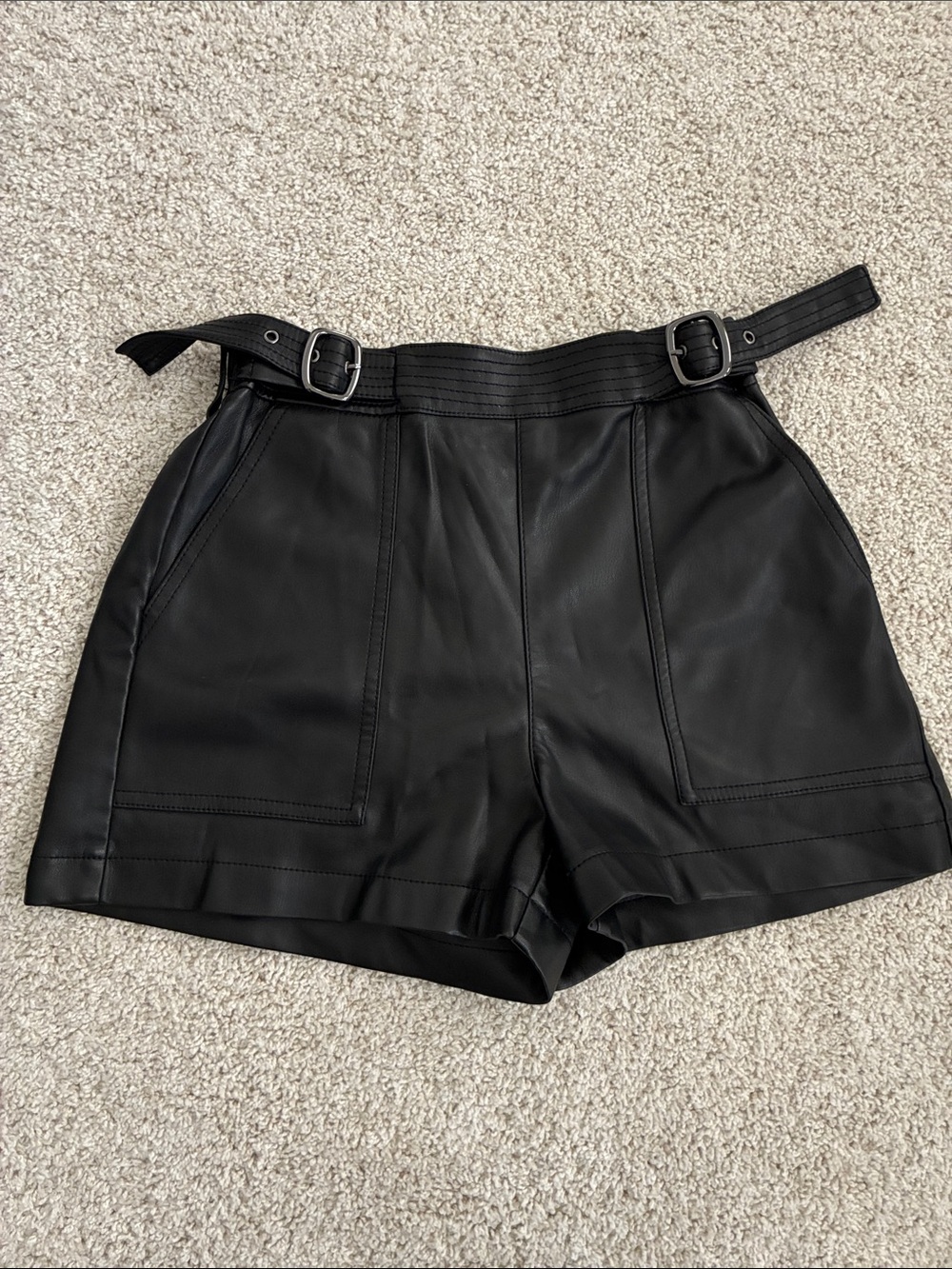 Bar III Black Faux Leather High-Waist Buckle Shorts